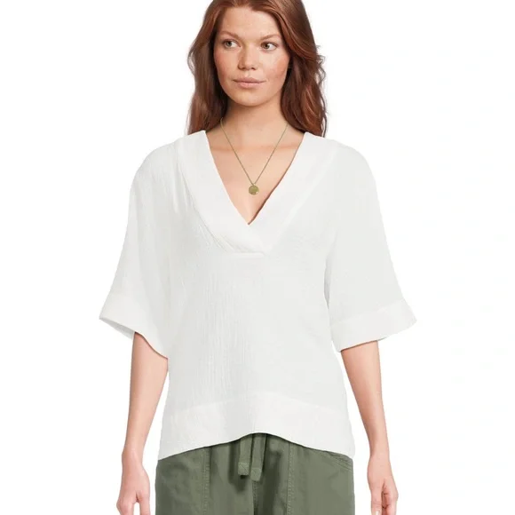 NWT! Faherty Dune Cotton Gauze Short Sleeve Popover Blouse White Coastal sz L - Picture 3 of 8